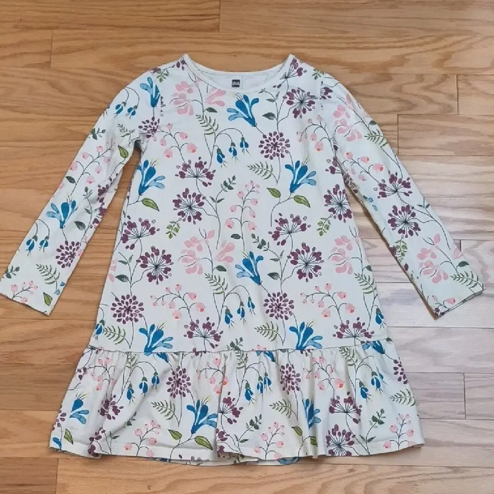 Tea Collection Long Sleeve Floral Ruffle Hem Dress Cream Size 10 EUC